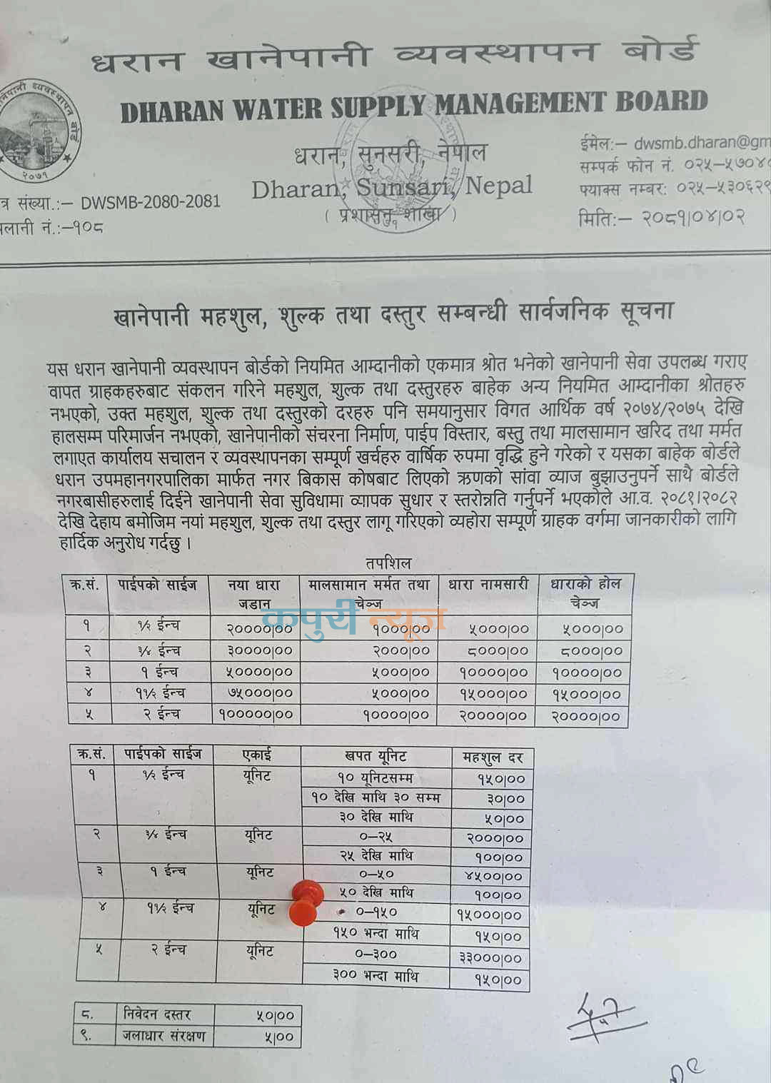 dharan khanepaani news sulka