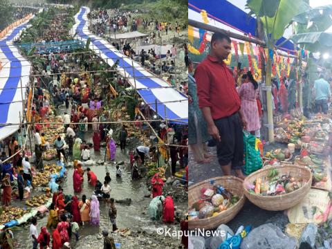 धरानको सर्दु र सेउती खोलामा छठ पूजाका श्रद्धालुहरू अस्ताउँदो सूर्यलाई अर्घ दिनेहरूको रौनक धरानको सर्दु र सेउती खोलामा छठ पूजाका श्रद्धालुहरू अस्ताउँदो सूर्यलाई अर्घ दिनेहरूको रौनक